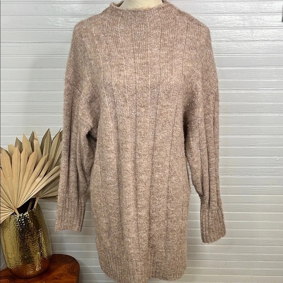 Topshop Women's XS Beige Oversized Funnel Neck Wide Rib Mini Dress Long Sleeve - Picture 2 of 11